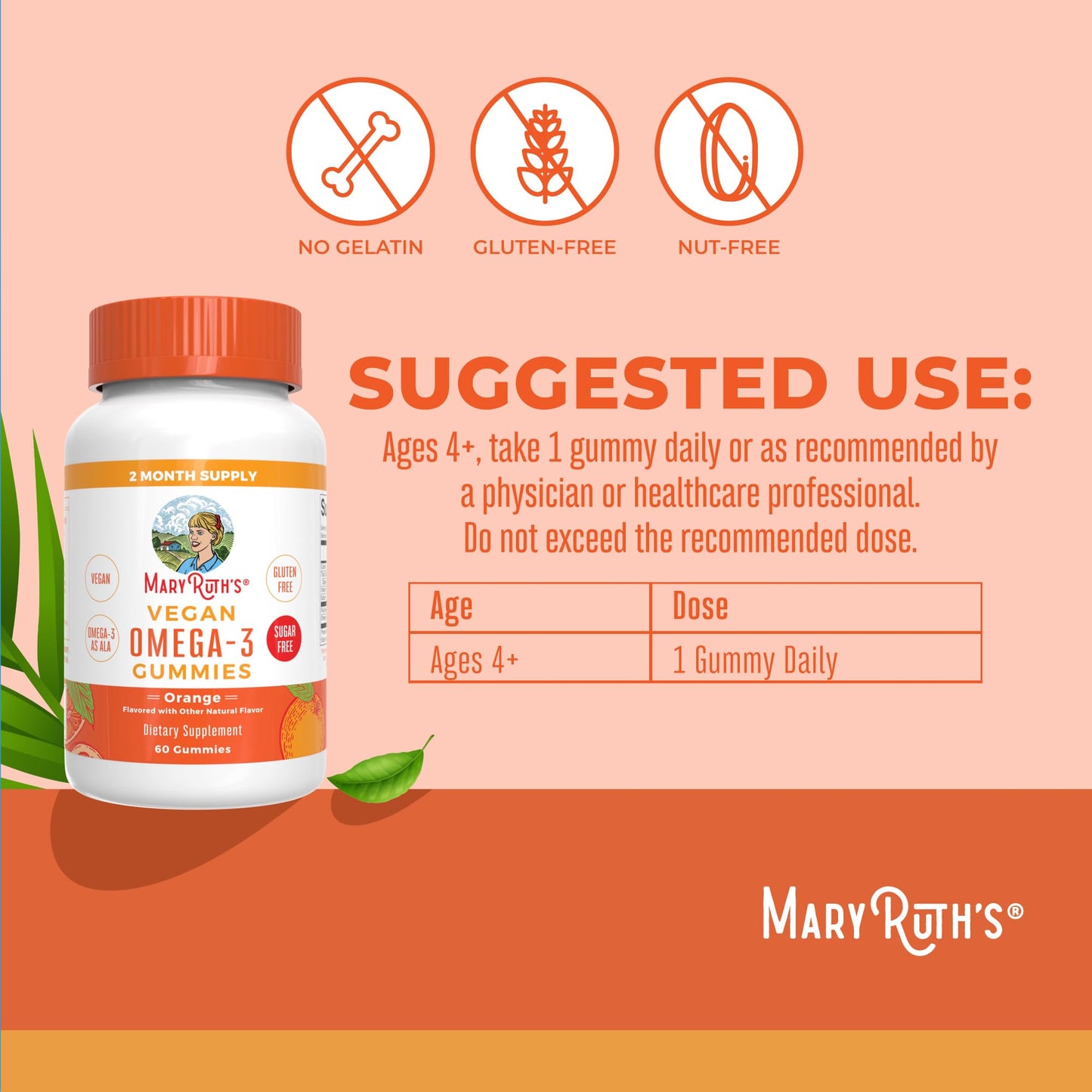 MARYRUTH'S Vegan Omega 3 Gummies for Kids 4 2 Month Supply | Sugar Free | Omega 3 Supplement with Vitamin C | Flaxseed Oil | Immune Support | Essential Nutrient ALA | No Fish Taste | 60 Count
