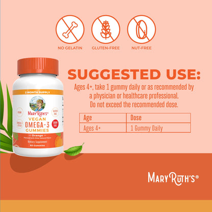 MARYRUTH'S Vegan Omega 3 Gummies for Kids 4 2 Month Supply | Sugar Free | Omega 3 Supplement with Vitamin C | Flaxseed Oil | Immune Support | Essential Nutrient ALA | No Fish Taste | 60 Count