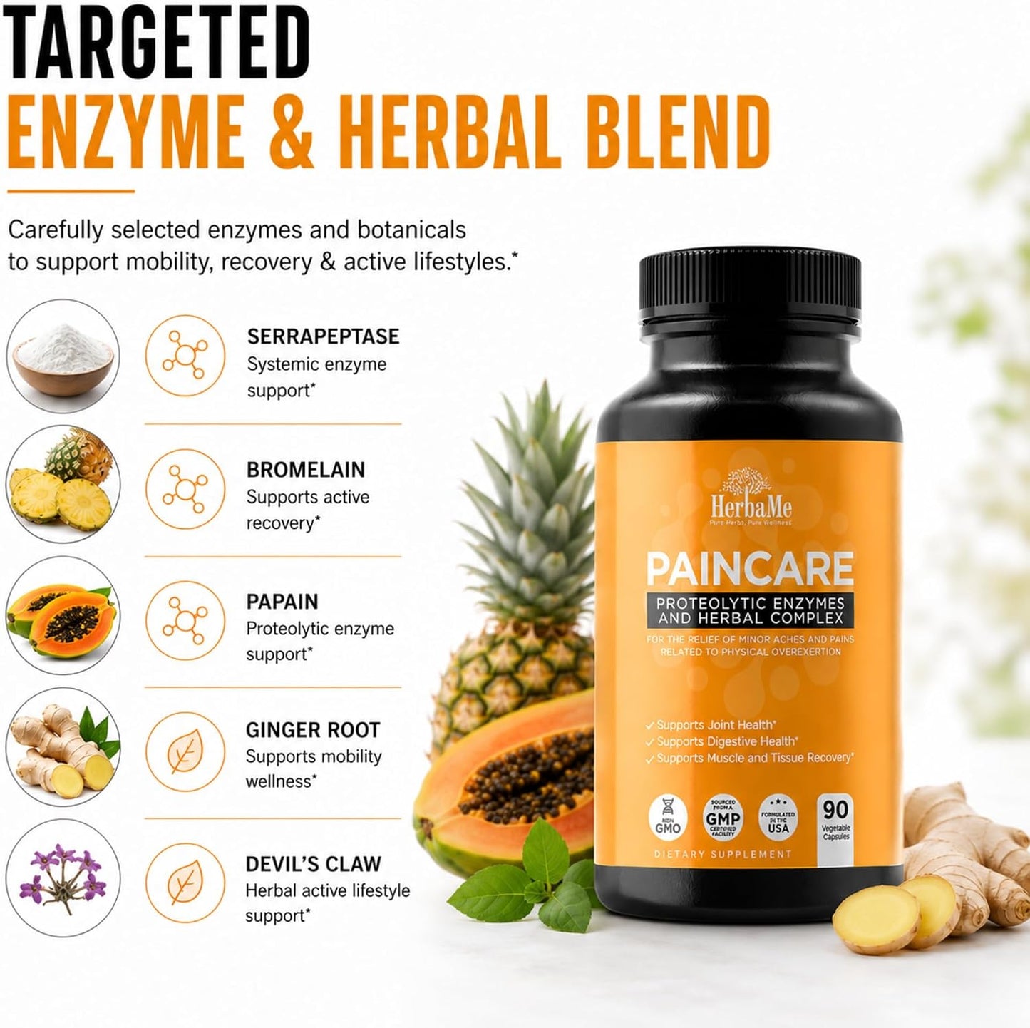 HerbaMe Proteolytic Enzymes with Serrapeptase, Bromelain & Herbal Blend for Mobility & Active Recovery Support, Systemic Enzyme Formula for Joint Flexibility & Active Wellness, 90 Capsules