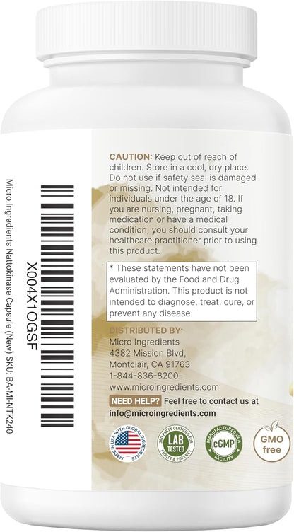 Micro Ingredients Nattokinase 10,000 FU Per Serving, 240 Veggie Capsules | Natural Natto Extract with CoQ10, Turmeric, Aged Garlic & Pine Bark Extract. Non-GMO, Gluten Free.
