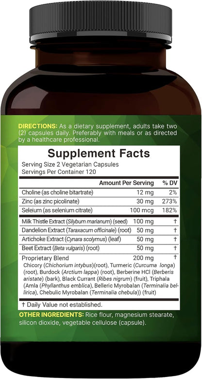 Liver 15-in-1 Complex, 240 Veggie Capsules | Herbal & Mineral Blend - Milk Thistle, Dandelion Root, Artichoke, Black Currant Oil, Turmeric, Chicory, Zinc, Choline, & More | Non-GMO