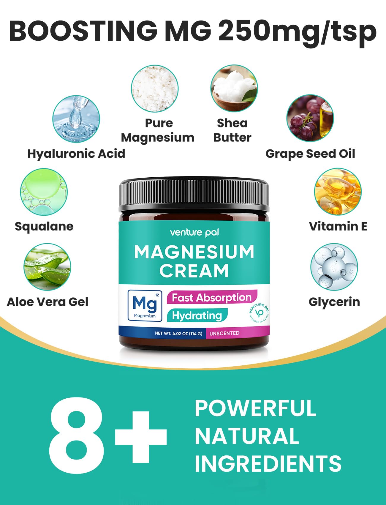 Venture Pal Topical Magnesium Cream, Highly Concentrated Magnesium Lotion | Fast-Absorbing Magnesium Moisturizing Cream with Coconut Oil, Shea Butter & Hyaluronic Acid; Suitable for Kids