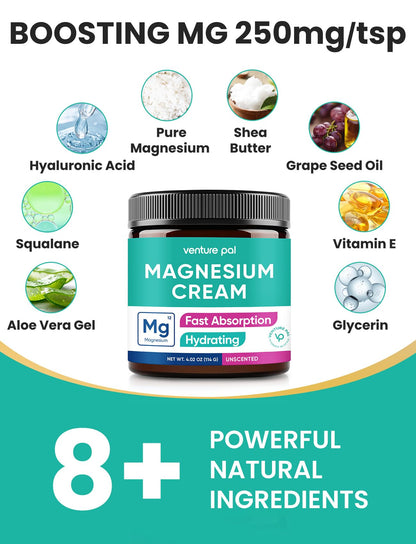 Venture Pal Topical Magnesium Cream, Highly Concentrated Magnesium Lotion | Fast-Absorbing Magnesium Moisturizing Cream with Coconut Oil, Shea Butter & Hyaluronic Acid; Suitable for Kids