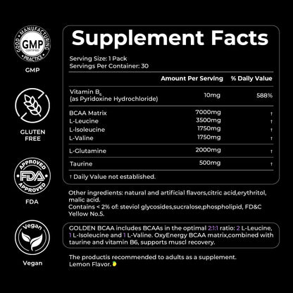 OxyEnergy BCAA 2:1:1 Powder, 7g BCAAs and 2g L-Glutamine, Taurine for Muscle Recovery, Increased Endurance, Perfect Amino Aicds for Pre & Post Workout Recovery, Sugar Free, Lemon, 30 Stick Pack