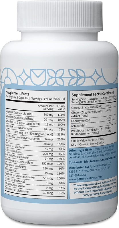 Pattern Wellness Prenatal Complex for Women – Prenatal Vitamin with DHA, Folate, Iron, Probiotics & Biotin – Support from Preconception to Postpartum - 90 Capsules