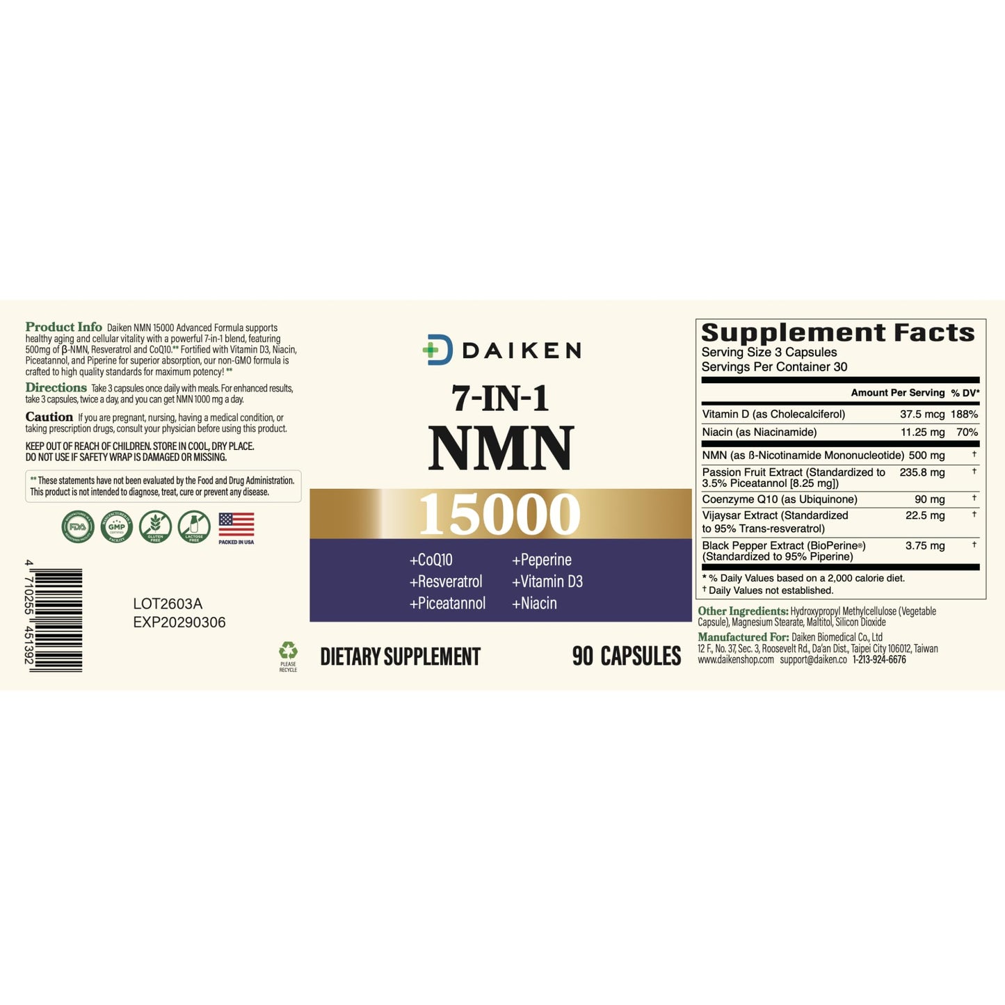 DAIKEN NMN 15000 Advanced Formula, 500mg β-Nicotinamide Mononucleotide with Niacinamide, CoQ10 & Resveratrol - 90 Veggie Capsules (90 Count (Pack of 1))