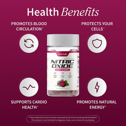 Snap Supplements Nitric Oxide Beet Root Gummies, Cherry, 60 Count (2-Pack) | Sugar Free, For Men & Women, Heart Health & Circulation, Organic Beetroot Extract, Natural Energy, B12, Beets Gummies
