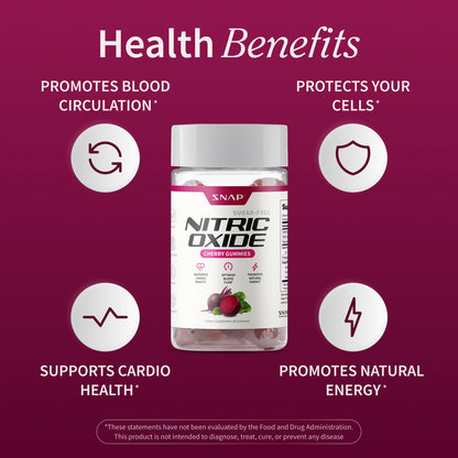 Snap Supplements Nitric Oxide Beet Root Gummies, Cherry, 60 Count (2-Pack) | Sugar Free, For Men & Women, Heart Health & Circulation, Organic Beetroot Extract, Natural Energy, B12, Beets Gummies