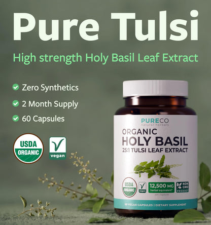 PURE CO USDA Organic Holy Basil Supplement – High Potency Organic Holy Basil 500mg 25:1 Extract 1 Capsule Per Serving – High Strength Tulsi Extract – 60 Vegan Capsules – Non-GMO & Made in USA