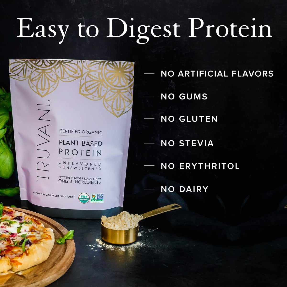 Truvani Organic Vegan Protein Powder Unflavored - 20g of Plant Based Protein, Organic