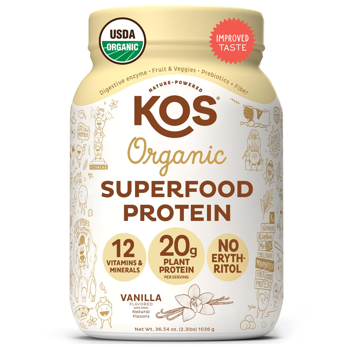 KOS Vegan Protein Powder Erythritol Free, Vanilla USDA Organic - Pea Protein Blend