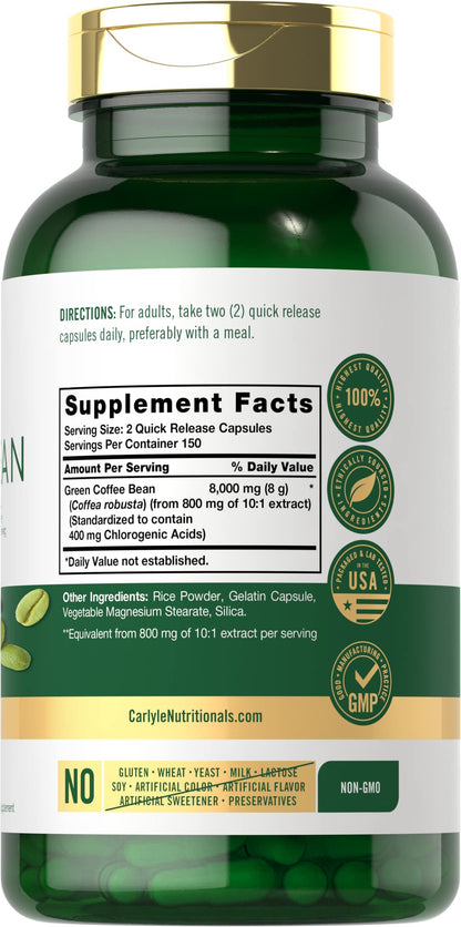 Carlyle Green Coffee Bean Extract | 8000 mg | 300 Capsules | Non-GMO and Gluten Free