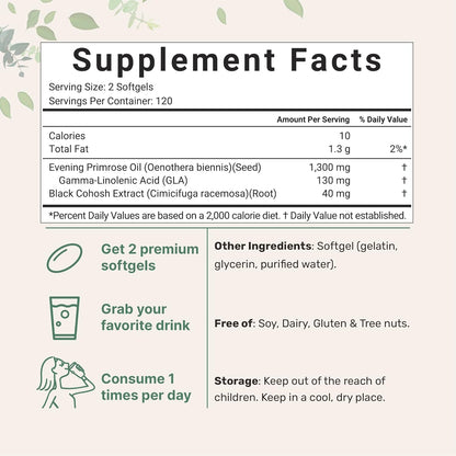 Evening Primrose Oil 1300mg Per Serving, 240 Softgels | Enhanced with 40mg Black Cohosh Extract, Cold Pressed – 10% Active GLA, Non-GMO, No Gluten, Easy to Swallow