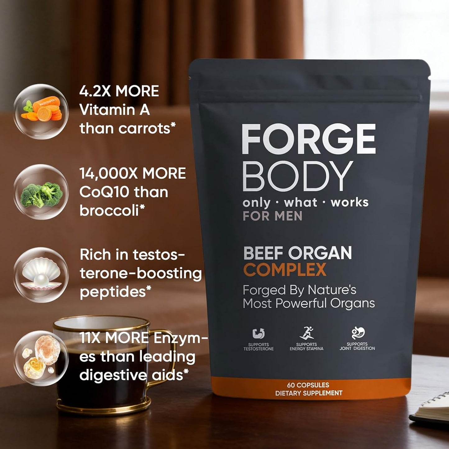 Forge body Beef Organ Complex Capsules, 100% Grass Fed Beef Liver Capsules with Blend of Liver, Heart, Bone Marrow, Pancreas, Total Body Wellness & Performance, Immune Support, Immunity & Men’s Health