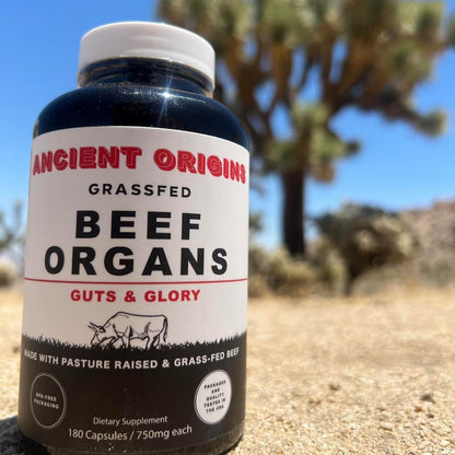 Ancient Origins Grass Fed Beef Organs Supplement 4500 mg - Desiccated Liver, Bone Marrow, Heart, Spleen, Pancreas & Kidney, Non-GMO, Gluten Free, Undefatted (180 Capsules, 750mg Each)