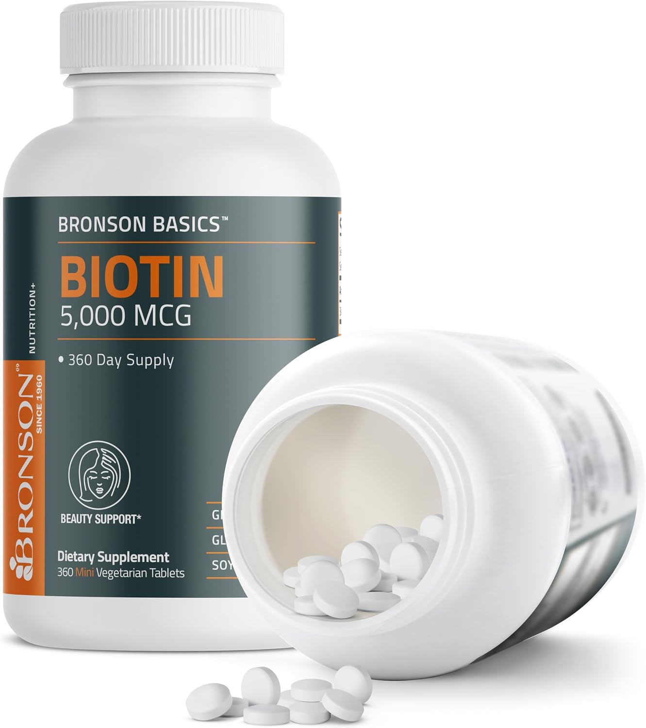 Bronson Biotin 5,000mcg Hair Skin and Nails Vitamins, 360 Tablets | Vegetarian Beauty Support, Non-GMO, Gluten-Free, Soy-Free, Supports Healthy Hair, Skin and Nails