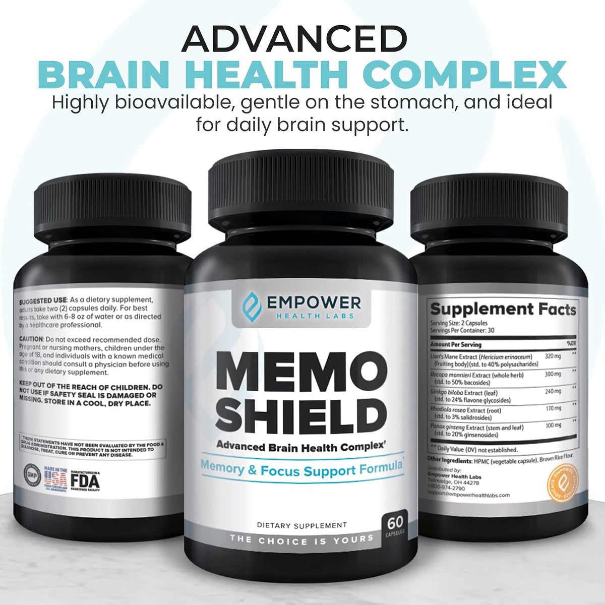 MemoShield Brain Health Supplement – Advanced Memory Support with Lion's Mane, Bacopa Monnieri, and Ginkgo Biloba – Cognitive Function and Brain Health Formula – 60 Capsules