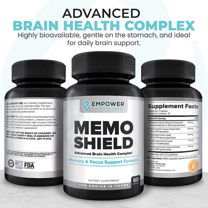 MemoShield Brain Health Supplement – Advanced Memory Support with Lion's Mane, Bacopa Monnieri, and Ginkgo Biloba – Cognitive Function and Brain Health Formula – 60 Capsules