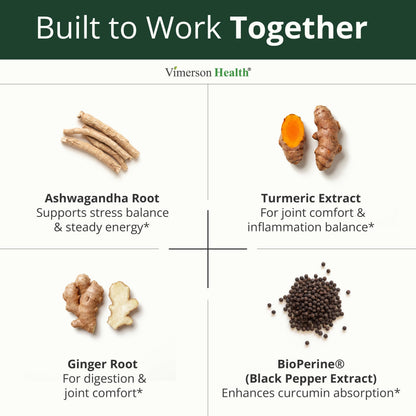 Ashwagandha Capsules with Turmeric & Ginger for Energy, Mood & Joints 60 Ct