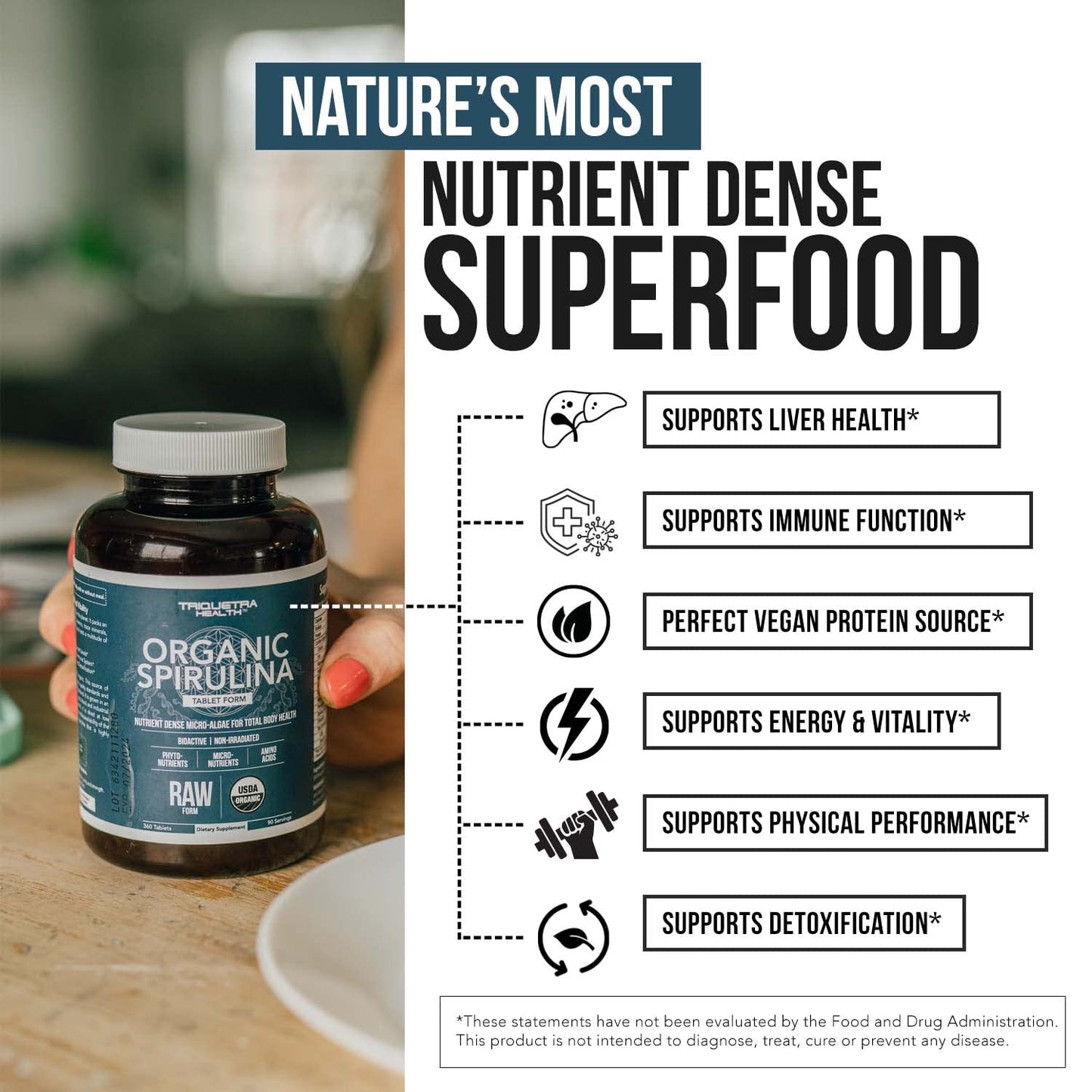 Organic Spirulina Tablets (360 Tablets) - Made with Parry® Spirulina, The Best Spirulina in the World, Highest Nutrient Density - Non-Irradiated, 3 Organic Certifications (90 Servings)