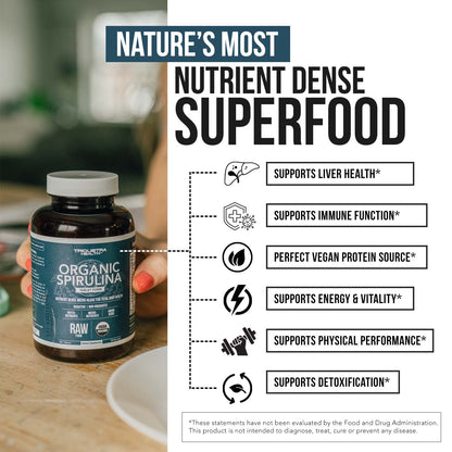 Organic Spirulina Tablets (360 Tablets) - Made with Parry® Spirulina, The Best Spirulina in the World, Highest Nutrient Density - Non-Irradiated, 3 Organic Certifications (90 Servings)