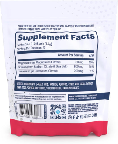 NuEthix Formulations NU-LYTES Electrolytes Hydration Packets, Zero Calories, Zero Sugar, Zero Carbs, Non-GMO, Electrolytes Powder Packets, Glycogen Replenishment, 15 Servings (Watermelon)
