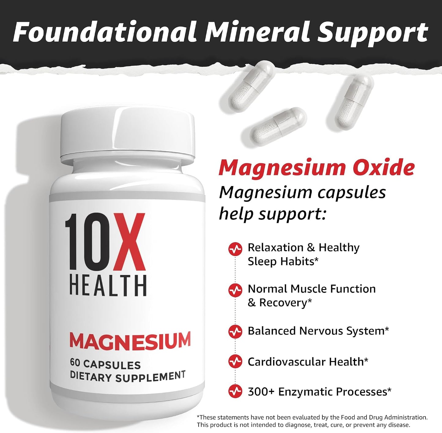 10X Health Magnesium Oxide Supplement, Sleep & Muscle Support, 60 Capsules | Magnesium for sleep support, relaxation support, muscle function, recovery support, and balanced nervous system*
