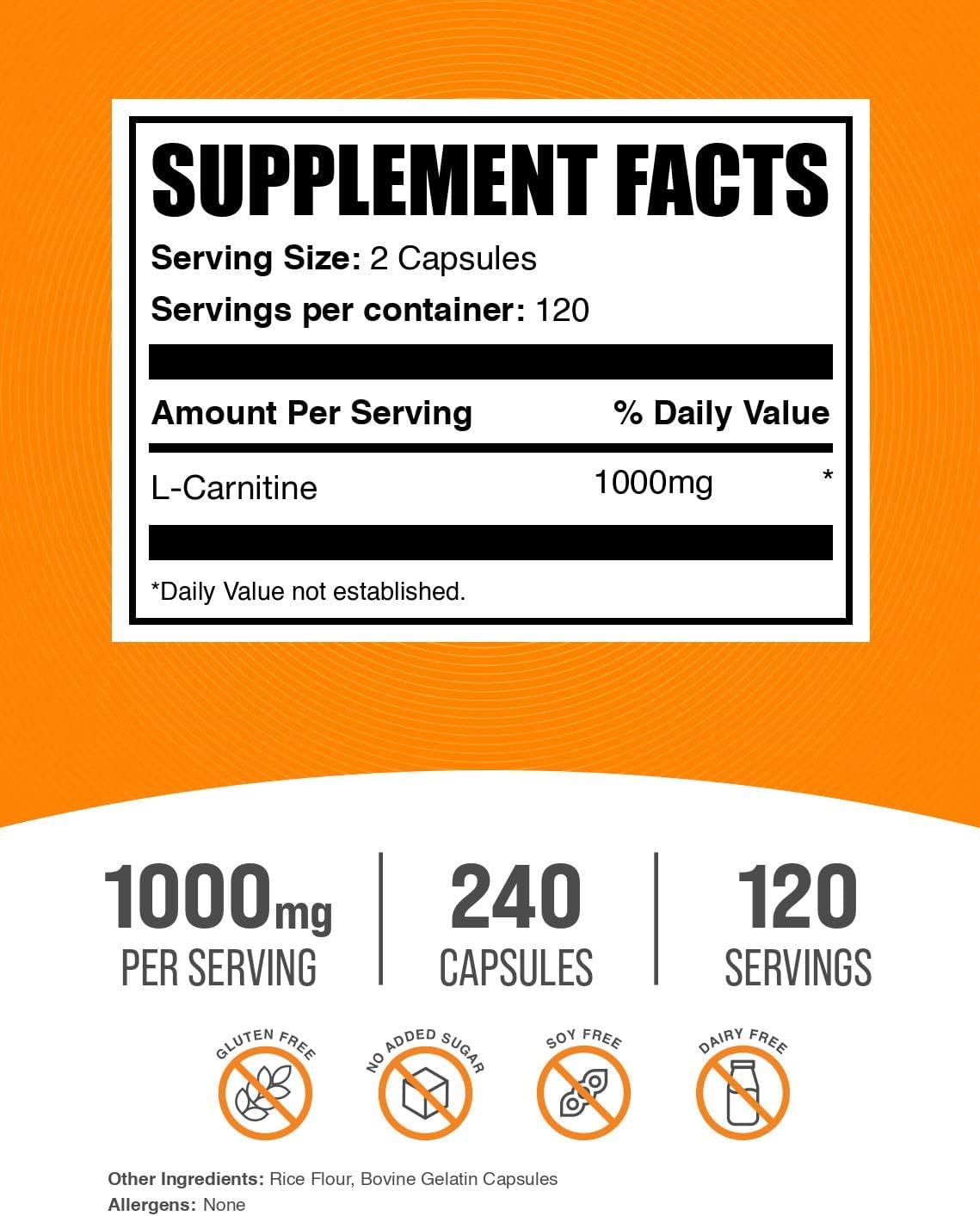 BulkSupplements.com L-Carnitine 1000mg Capsules - Carnitine Supplement, Amino Acid Supplement - Gluten Free, 2 Capsules per Serving (1000mg), 240 Count (Pack of 1)
