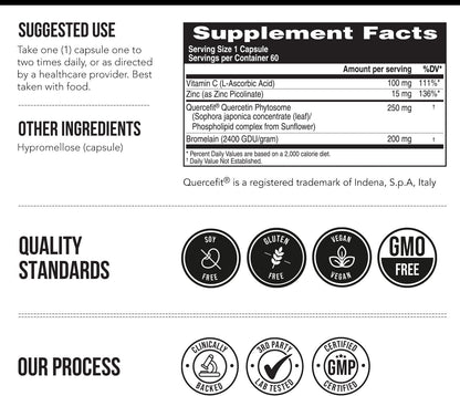 Quercetin Complete® Quercetin Phytosome with 50X Higher Absorption, Clinically Proven & Patented Quercefit – Most Effective Form of Quercetin – Enhanced with Bromelain, Zinc & Vitamin C (60 Capsules)