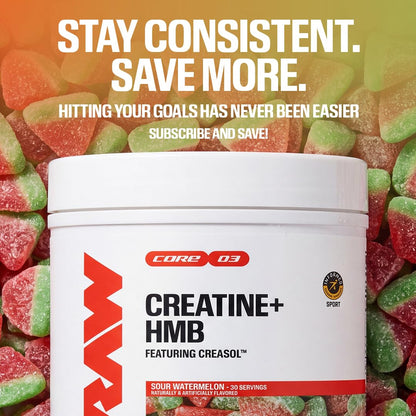 RAW Creatine Plus HMB, Champion Mentality, Creatine HMB Powder - Creatine Monohydrate Powder with 3G HMB, Taurine & No Added Sugar, Muscle Mass Growth, Strength Building & Enhanced Energy, 30 Servings