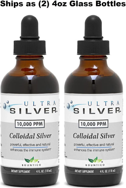 Ultra Silver® Colloidal Silver | 10,000 PPM, 8 Oz (236mL) | Ships as (2) 4 Ounce Glass Bottles | Mineral Supplement | True Colloidal Silver - with Dropper