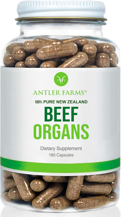Antler Farms New Zealand Beef Organs - Heart Liver Kidney, 180 Ct, 400mg | 100% Pure Grass Fed Beef Organ Supplement, Cold Processed, Pure and Clean rBGH Free, No Fillers or Additives