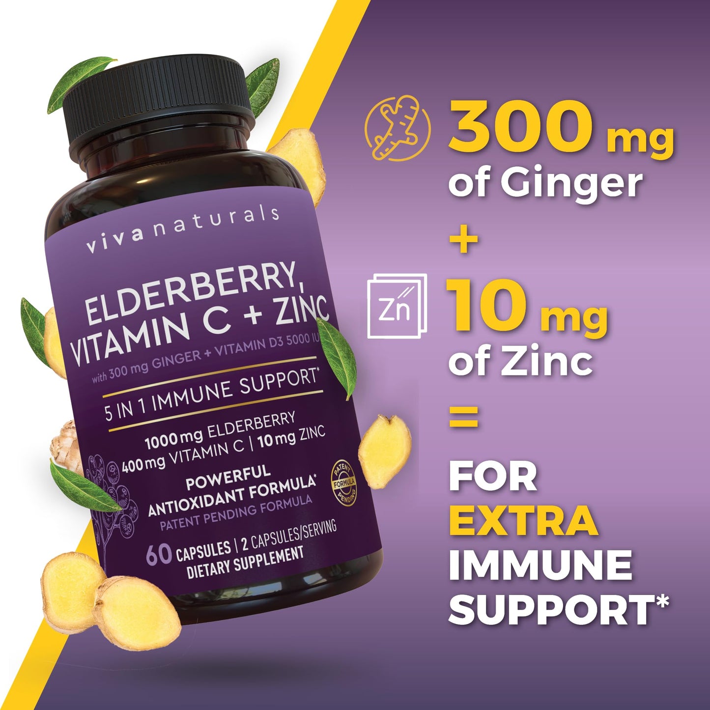 Viva Naturals Elderberry with Vitamin C and Zinc for Adults - 5 in 1 Sambucus Black Elderberry Capsules with Vitamin D3 5000 IU Immunity Supplement, Sambucus Elderberry Immune Support Supplement