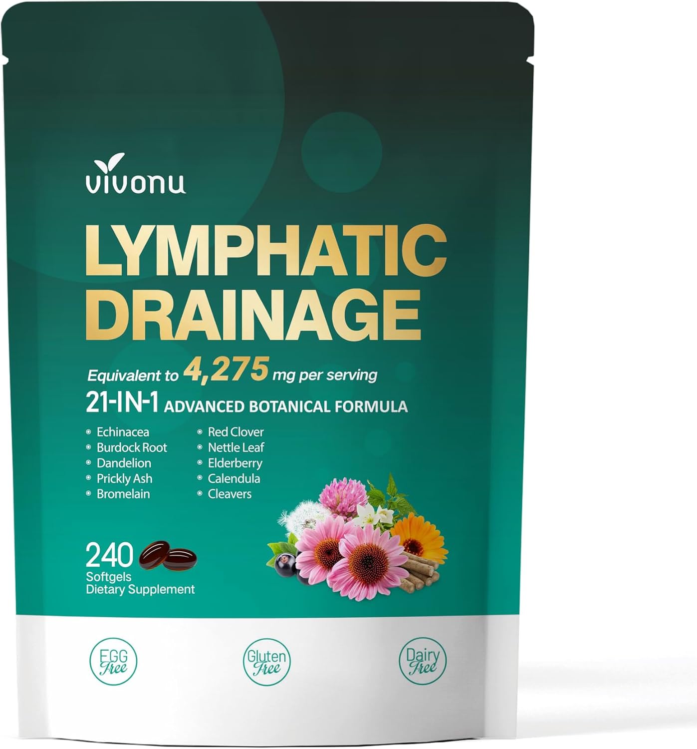 Lymphatic Drainage Supplement – 4275mg per Serving, 21-in-1 Advanced Botanical Formula, Lymph System Support with Echinacea, Dandelion, Burdock, Bromelain, Calendula, Turmeric – 240 Softgels, 1 Bag