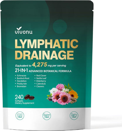 Lymphatic Drainage Supplement – 4275mg per Serving, 21-in-1 Advanced Botanical Formula, Lymph System Support with Echinacea, Dandelion, Burdock, Bromelain, Calendula, Turmeric – 240 Softgels, 1 Bag