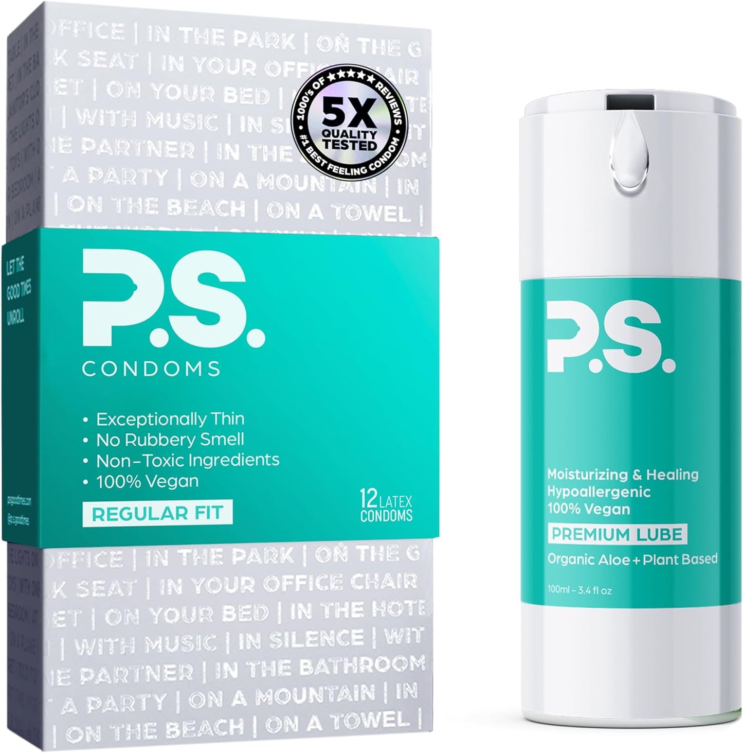 PS Ultra Thin Condoms & Personal Lubricant Bundle - 12 Pack Lubricated, Odorless Latex Condoms - 100mL Bottle Organic Aloe & Plant Based Lube - All Natural, pH Balanced, & 100% Vegan