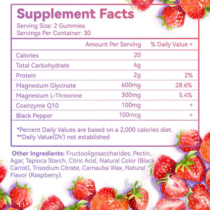 Magnesium Glycinate Gummies 600mg for Women & Men, with Magnesium L-Threonate 300mg, CoQ10 and Black Pepper, Vegan (60 Count)