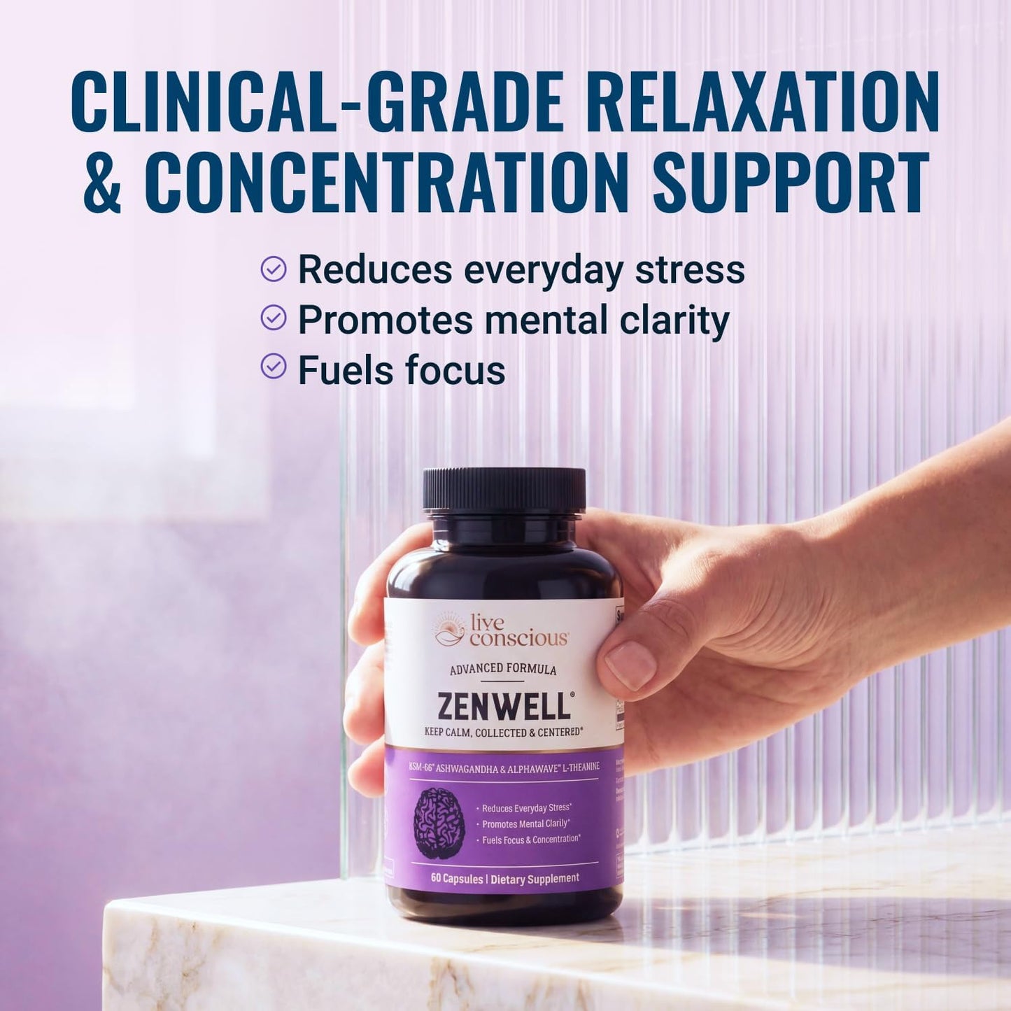 Live Conscious KSM-66 Ashwagandha Supplement w/L Theanine & AlphaWave - ZenWell Everyday Stress Relief, Cognitive, Brain Health - Ashwagandha for Men & Women - 60 Capsules