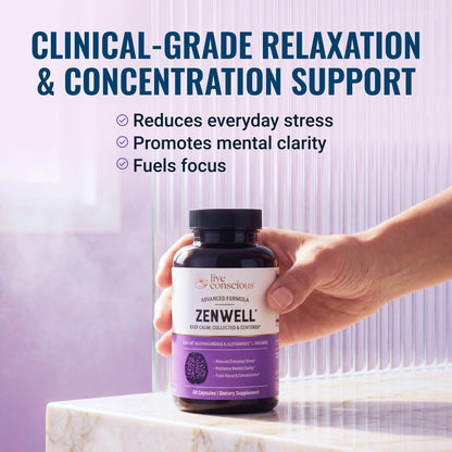Live Conscious KSM-66 Ashwagandha Supplement w/L Theanine & AlphaWave - ZenWell Everyday Stress Relief, Cognitive, Brain Health - Ashwagandha for Men & Women - 60 Capsules