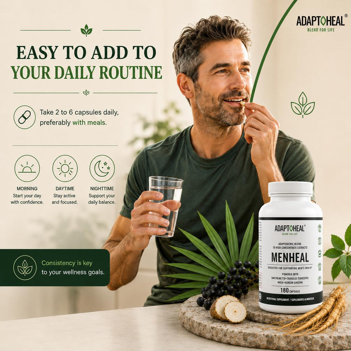 ADAPTOHEAL Menheal Prostate Support Saw Palmetto, Maca (180 Caps)