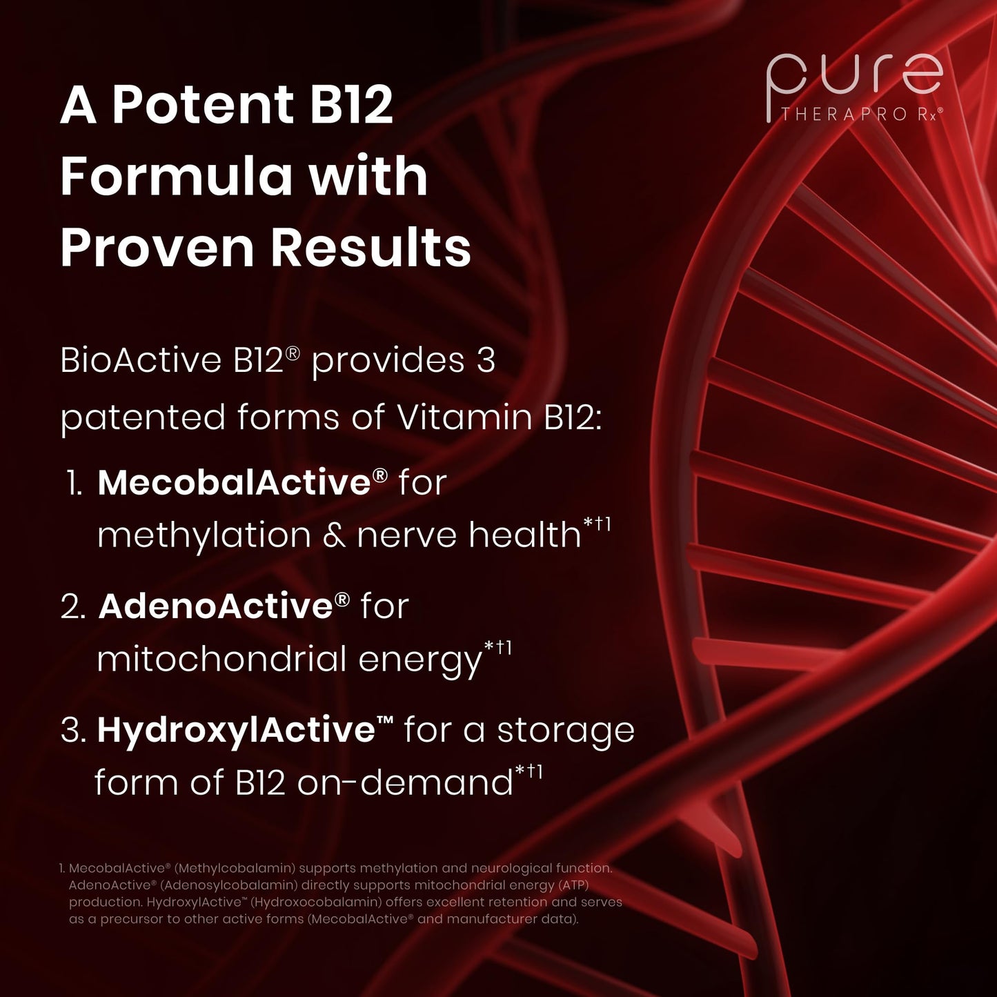 Pure Therapro Rx Vitamin B12 Supplement for Men & Women | Methylated Sublingual Liquid Methylcobalamin + 2 More Forms | 1,250 mcg B12 per Drop (4 Drops = 5,000mcg / 2 Month Supply) 10 ml