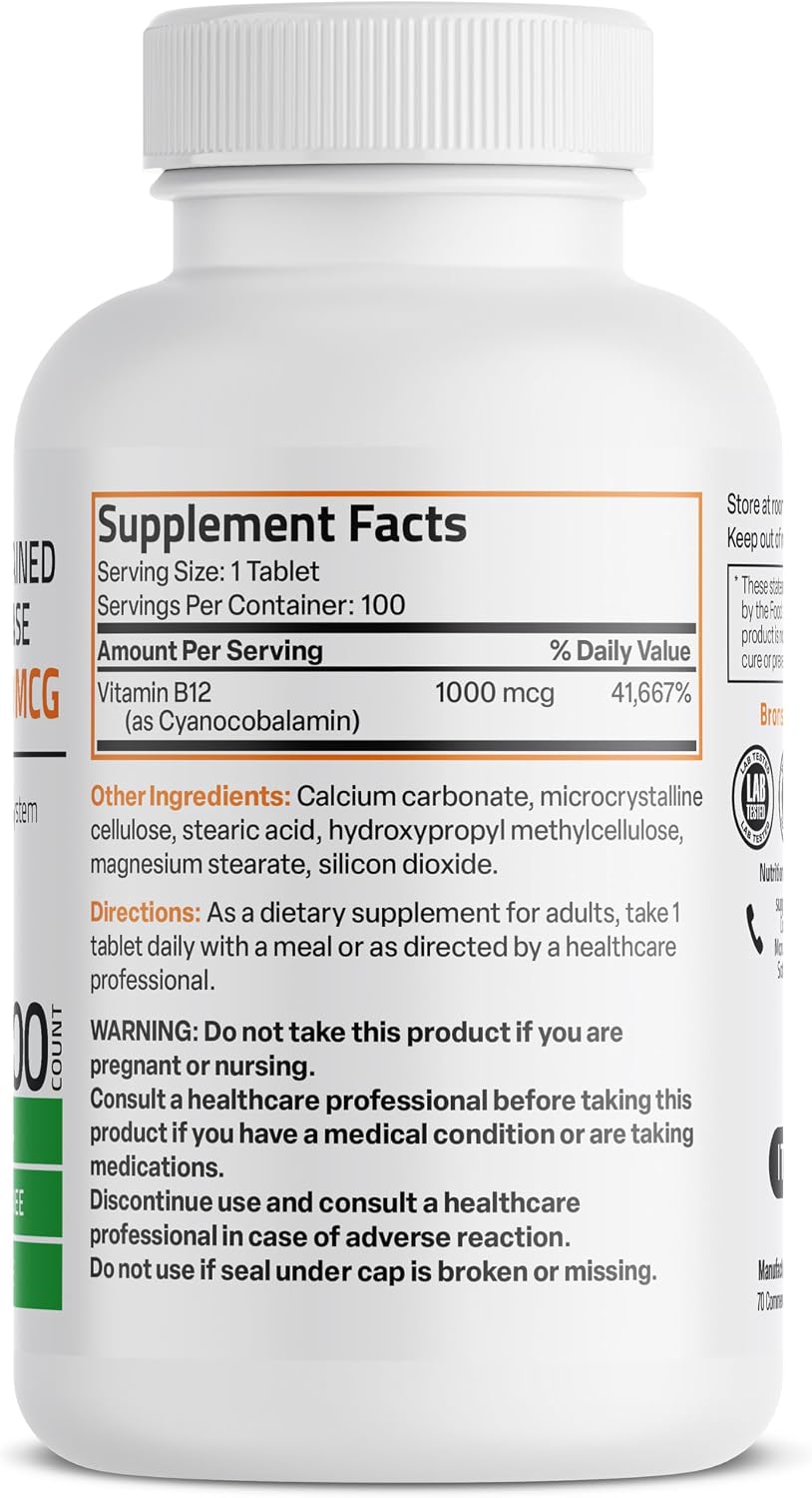 Bronson Vitamin B12 1000 mcg Sustained Release Premium Non GMO Tablets Supports Nervous System, Healthy Brain Function and Energy Production, 100 Count