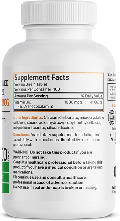 Bronson Vitamin B12 1000 mcg Sustained Release Premium Non GMO Tablets Supports Nervous System, Healthy Brain Function and Energy Production, 100 Count