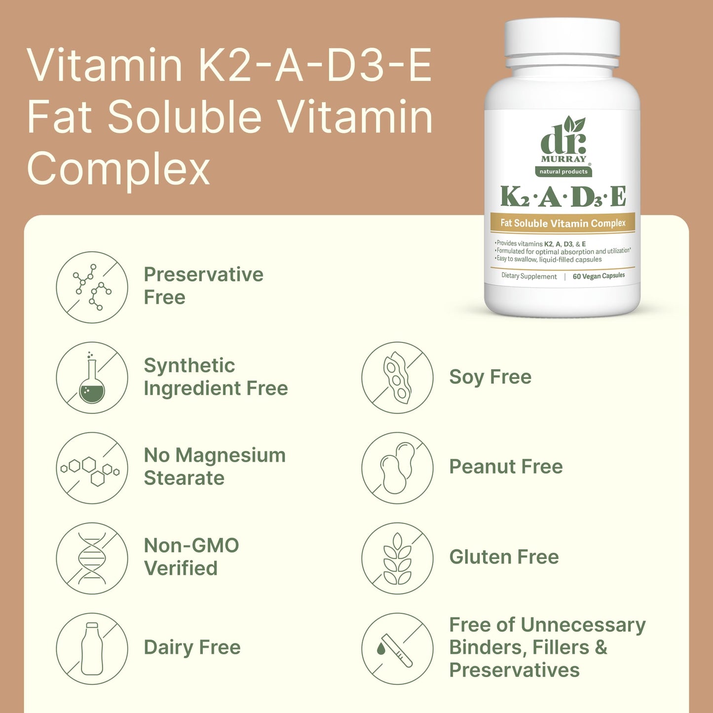 Dr. Murray's Vitamin K2-D3-A-E Liquid Vegan Capsules - Synergistic Fat-Soluble Blend | Bone, Vascular & Immune Support | Third-Party Tested | Clean Formulation | No Artificial Additives | 30 Count
