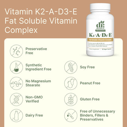 Dr. Murray's Vitamin K2-D3-A-E Liquid Vegan Capsules - Synergistic Fat-Soluble Blend | Bone, Vascular & Immune Support | Third-Party Tested | Clean Formulation | No Artificial Additives | 30 Count