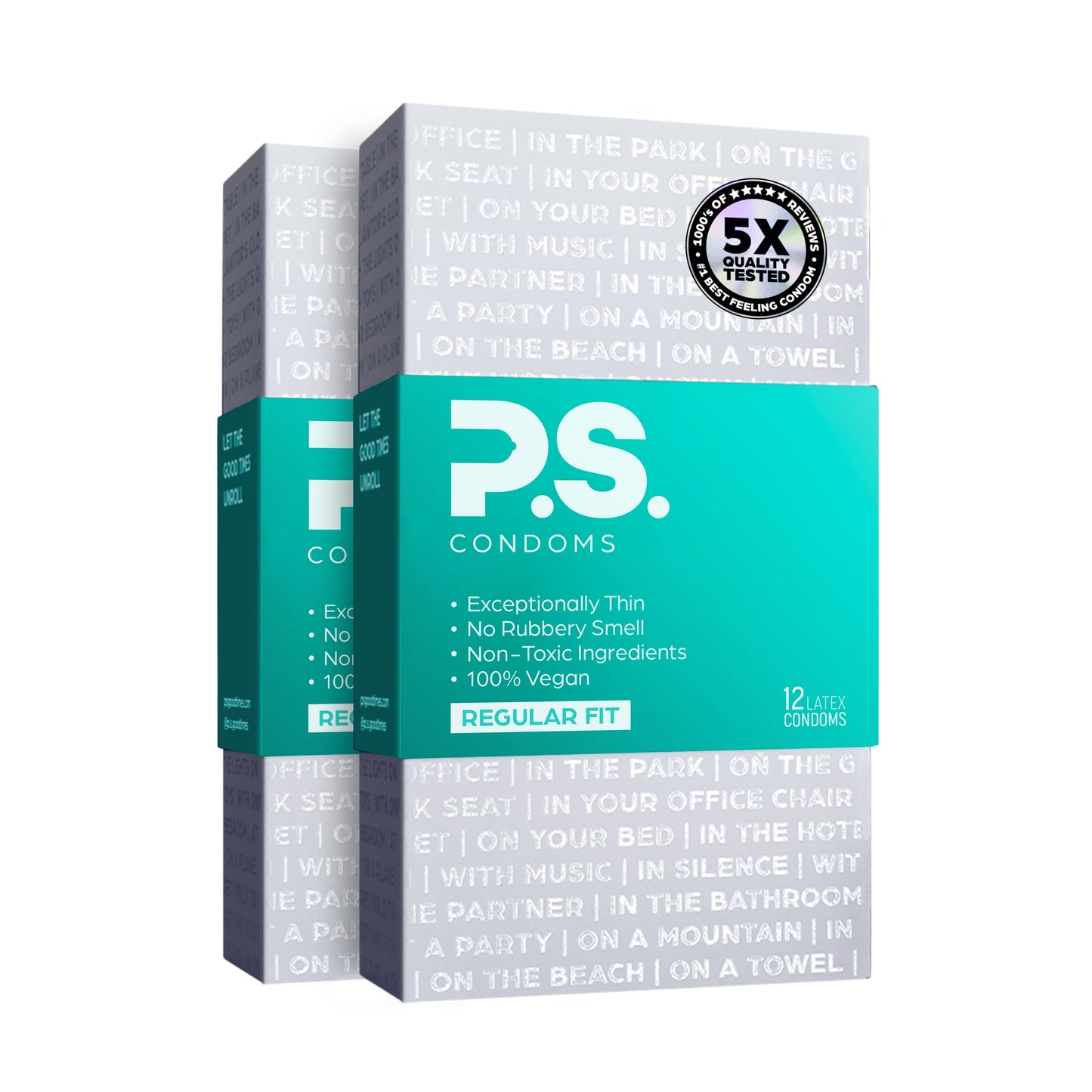 PS Condoms Exceptionally Thin Latex Condoms, Clean & Odorless, 12 Pack | Individually tested, 0.045 mm natural rubber, 40% thinner, lubricated, vegan, and free of PFAS, gluten, glycerin and parabens