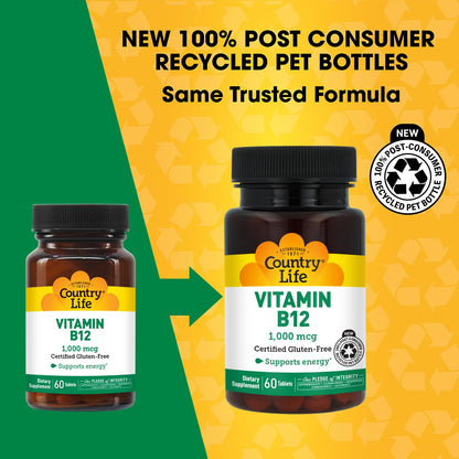Country Life Vitamin B12 Supplement - Essential for Brain Function, Nerve Health, Red Blood Cells - Ideal for Anemia Prevention - Vegan Vitamin B, 1000 mcg - Gluten-Free, 60 Tablets