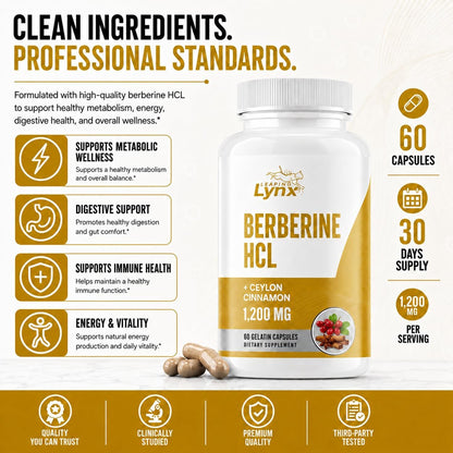Berberine HCl 1200mg - 60 Capsules - High Absorption Berberine Supplement - Non-GMO, Gluten-Free & Third Party Tested - 30-Day Supply