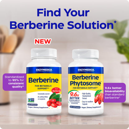 Enzymedica Berberine HCl Supplement 510 mg - Berberine Capsules for Men & Women, Natural Metabolic Health Support, Vegan, Gluten Free, Non-GMO - 120 Targeted Release Caps
