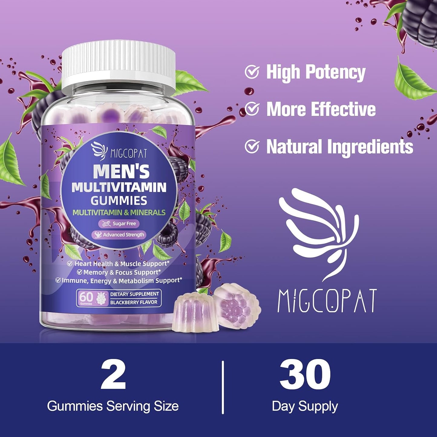 Multivitamin for Men, Mens Multivitamins Gummies w/Omega-3, Probiotics, Inositol, Folate, Biotin, Zinc, Vitamins A, C, D, E, B, - Support Heart, Brain, Muscle, Energy, Sugar-Free, Blackberry Flavor